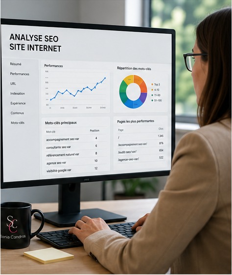 Consultante SEO analysant un site internet dans le Var avec mots-clés, contenus et performances Google