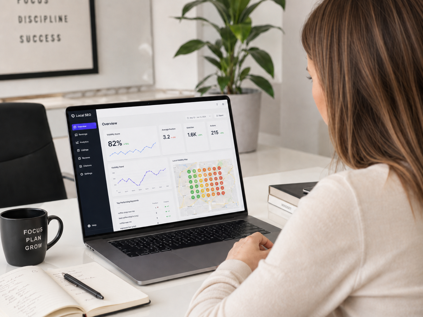 Tableau de bord de performance SEO local dans le Var avec visibilité et conversions