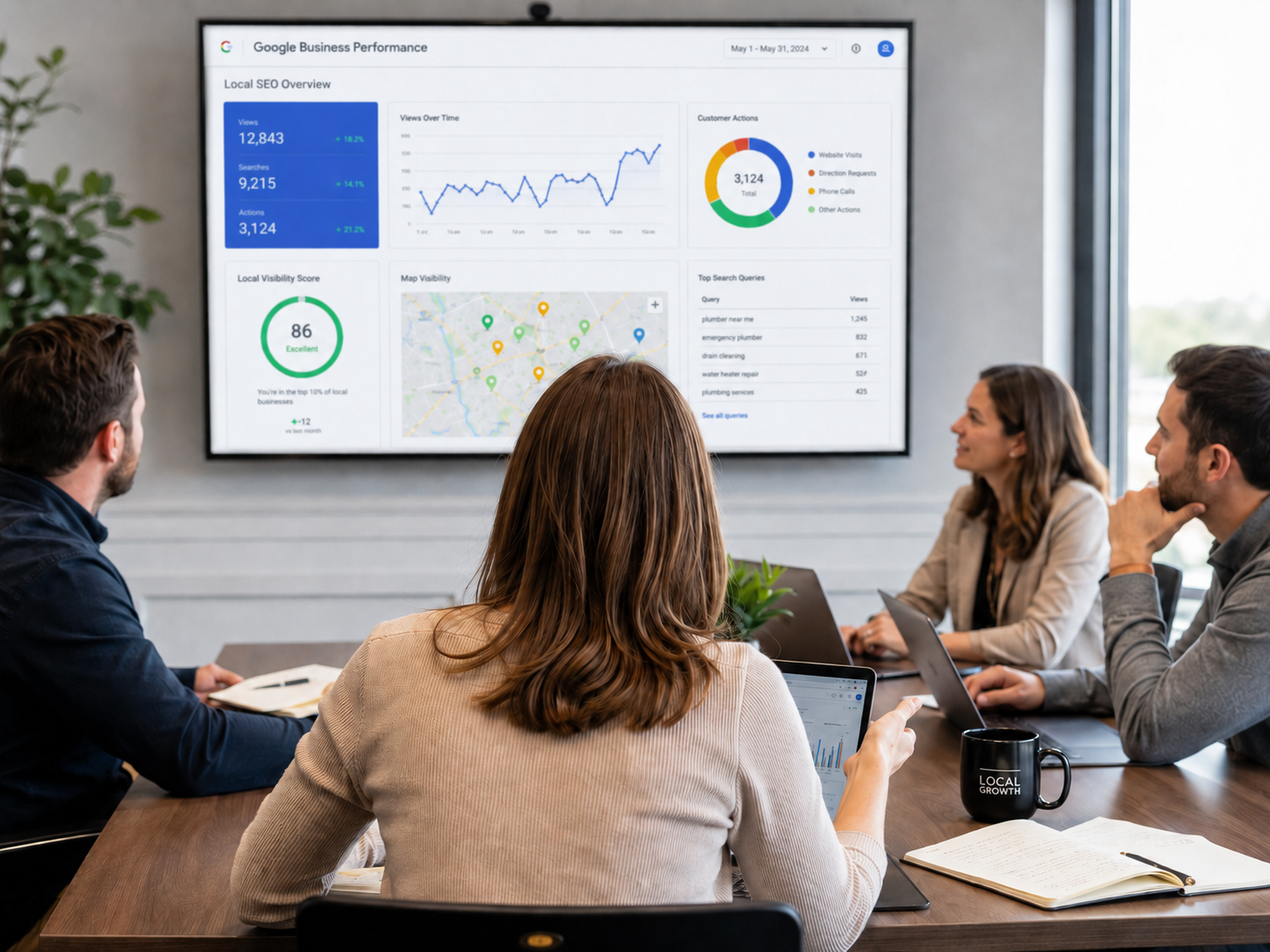 Réunion de stratégie SEO local dans le Var avec analyse de performance