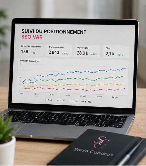 Suivi du positionnement SEO dans le Var avec évolution des mots-clés, trafic organique et résultats Google